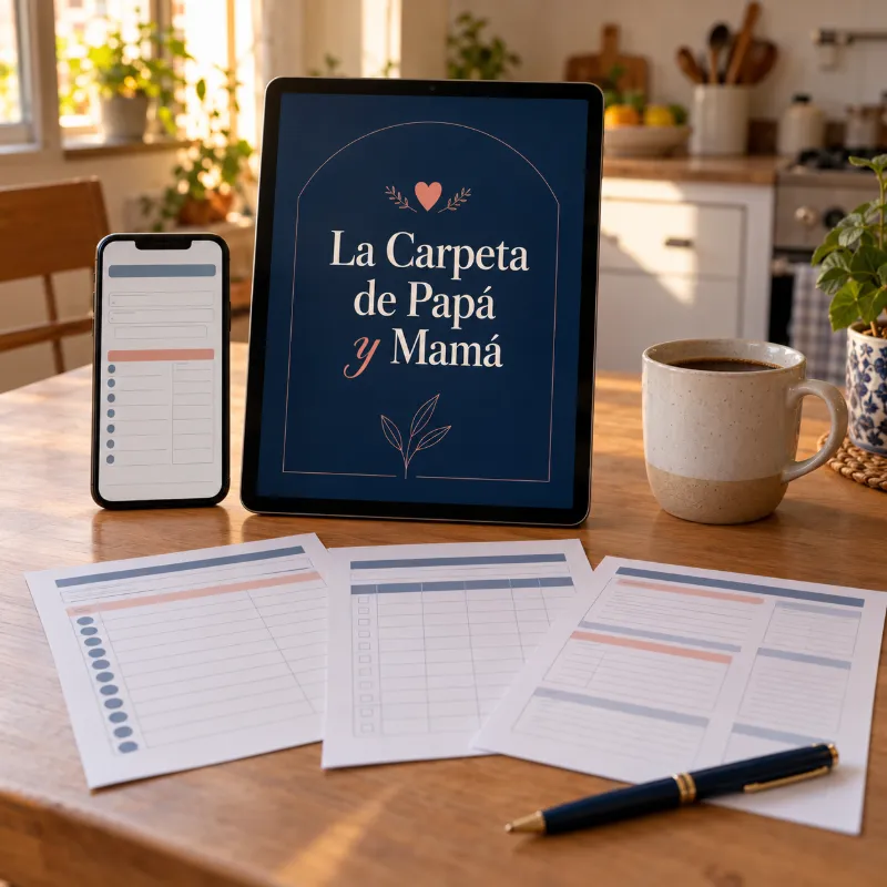 La Carpeta de Papá y Mamá en tablet, celular y hojas impresas